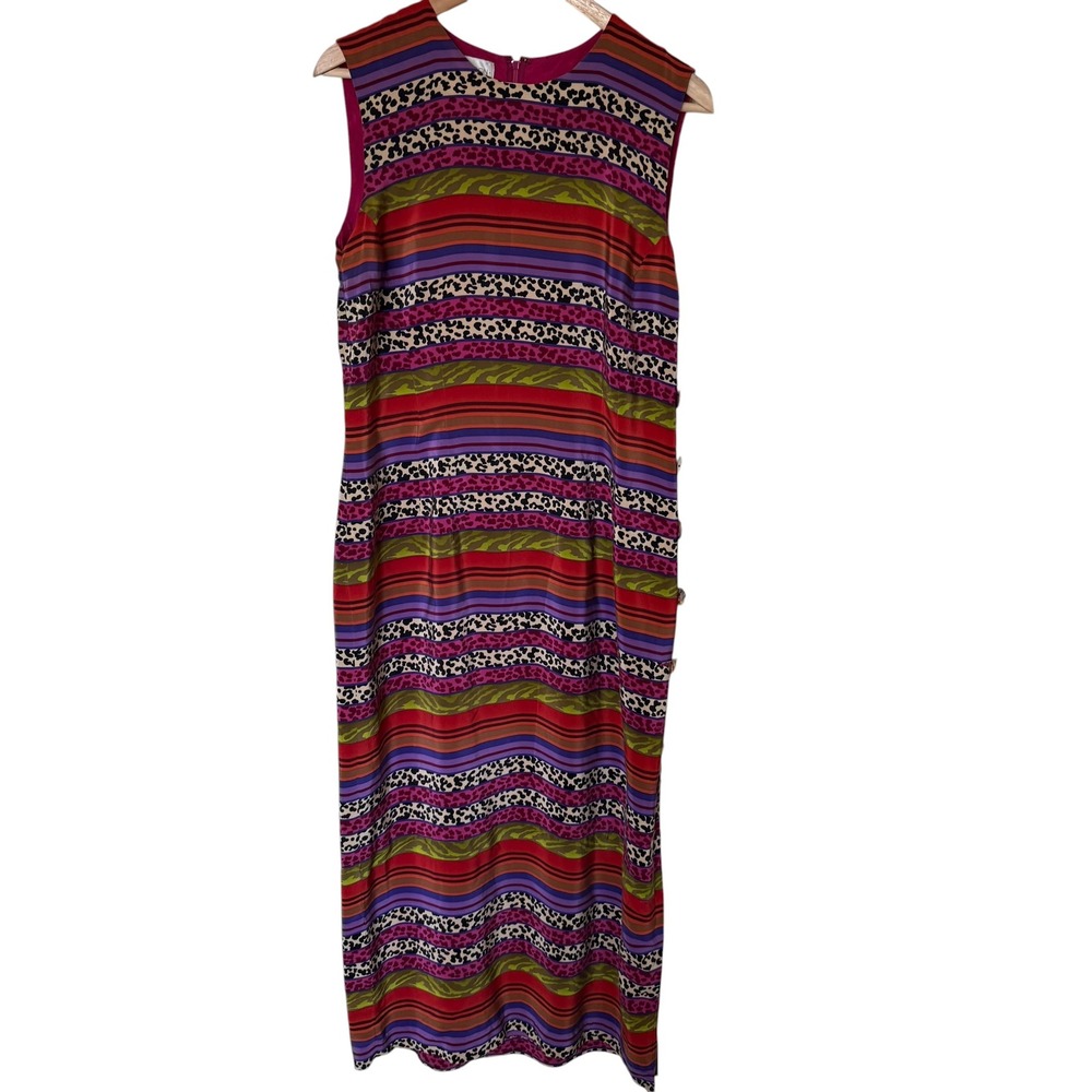 Maggy London Silk Maxi Dress Womens 14 Multi Color Excellent Animal Print Stripe